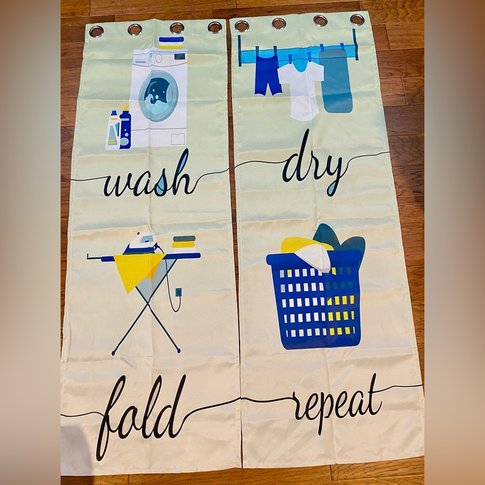 New Laundry Room Curtain Panel Set - Wash Dry Fold Repeat - Picture 2 of 3